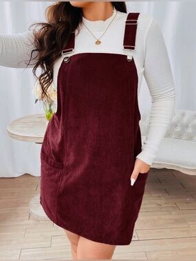 Corduroy Pinafore Mini Dress in Burgundy
